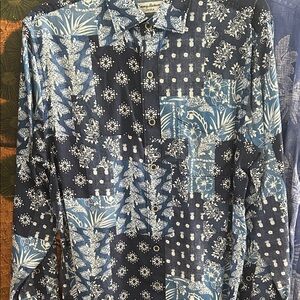 Tommy Bahama Navy and Light Blue Patchwork Shirt Tortola collection.